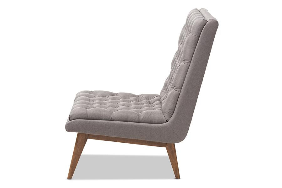 Baxton Studio Annetha Mid-Century Modern Grey Fabric Upholstered Walnut Finished Wood Lounge Chair