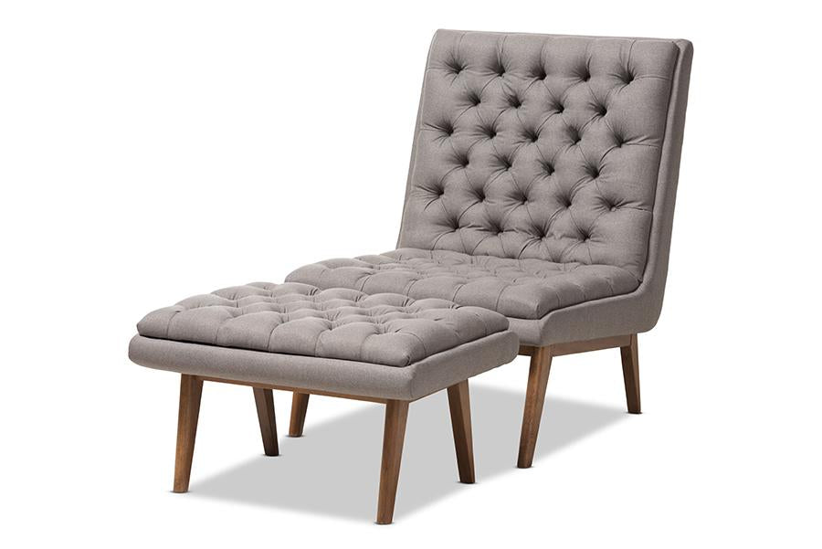 Baxton Studio Annetha Mid-Century Modern Grey Fabric Upholstered Walnut Finished Wood Chair And Ottoman Set