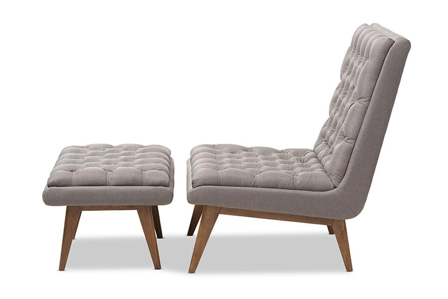 Baxton Studio Annetha Mid-Century Modern Grey Fabric Upholstered Walnut Finished Wood Chair And Ottoman Set