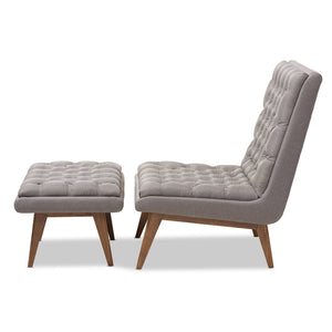 Baxton Studio Annetha Mid-Century Modern Grey Fabric Upholstered Walnut Finished Wood Chair And Ottoman Set