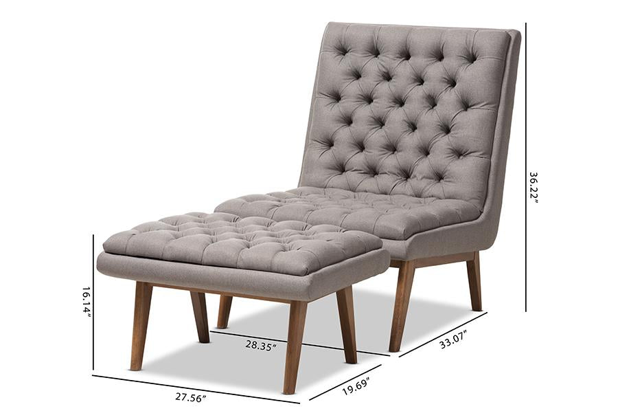 Baxton Studio Annetha Mid-Century Modern Grey Fabric Upholstered Walnut Finished Wood Chair And Ottoman Set