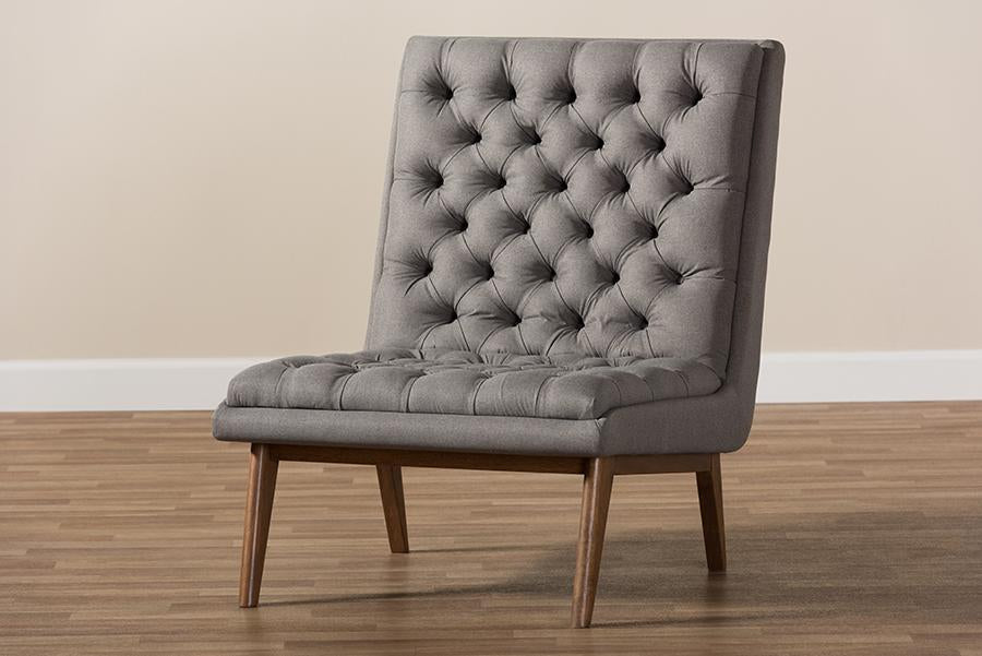 Baxton Studio Annetha Mid-Century Modern Grey Fabric Upholstered Walnut Finished Wood Lounge Chair