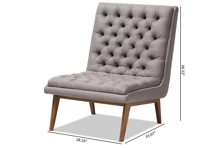 Baxton Studio Annetha Mid-Century Modern Grey Fabric Upholstered Walnut Finished Wood Lounge Chair