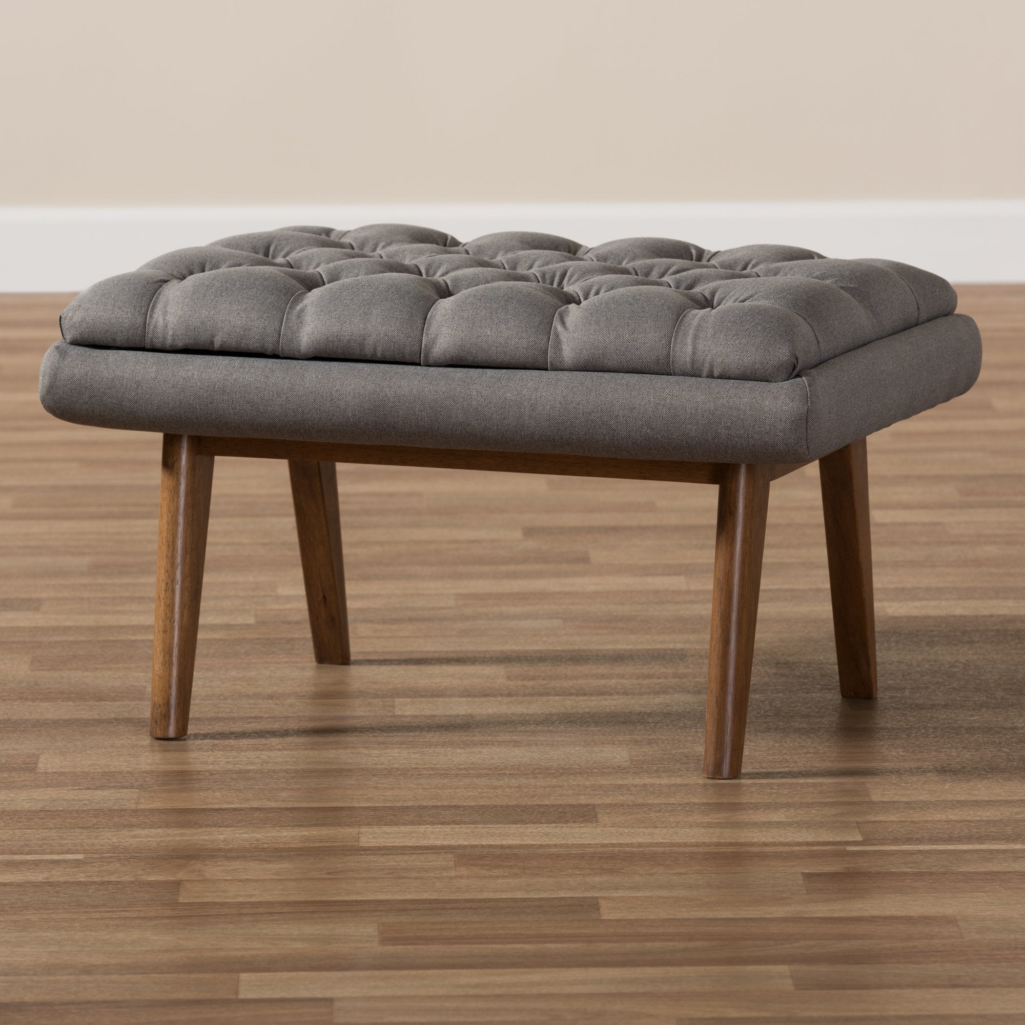 Baxton Studio Annetha Mid-Century Modern Grey Fabric Upholstered Walnut Finished Wood Ottoman