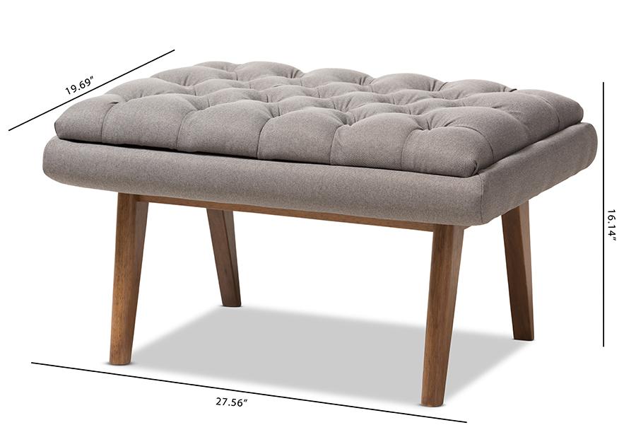 Baxton Studio Annetha Mid-Century Modern Grey Fabric Upholstered Walnut Finished Wood Ottoman