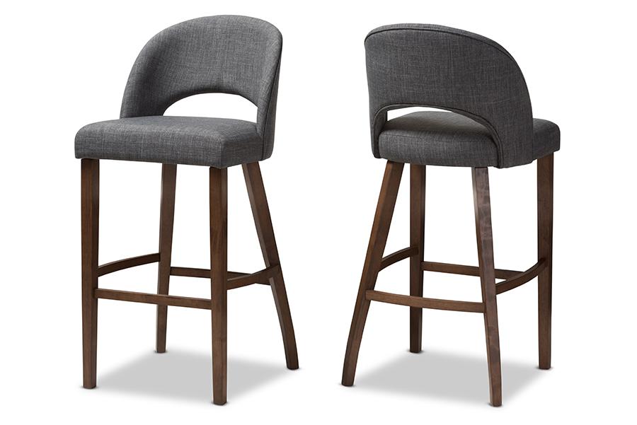 Baxton Studio Melrose Mid-Century Modern Dark Grey Fabric Upholstered Walnut Finished Wood Bar Stool (Set of 2)