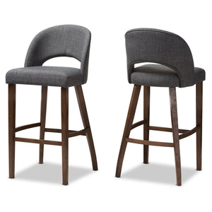 Baxton Studio Melrose Mid-Century Modern Dark Grey Fabric Upholstered Walnut Finished Wood Bar Stool (Set of 2)