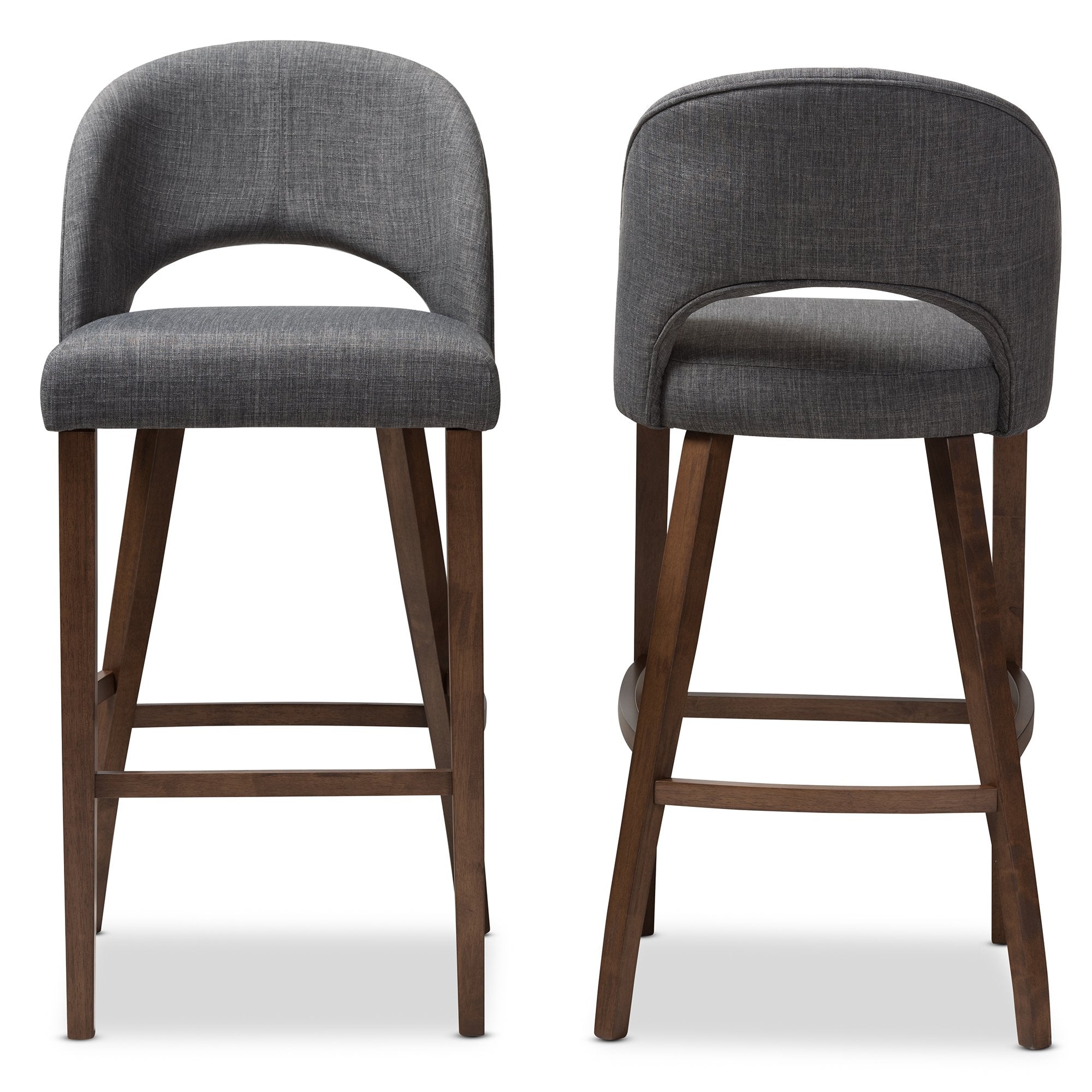 Baxton Studio Melrose Mid-Century Modern Dark Grey Fabric Upholstered Walnut Finished Wood Bar Stool (Set of 2)