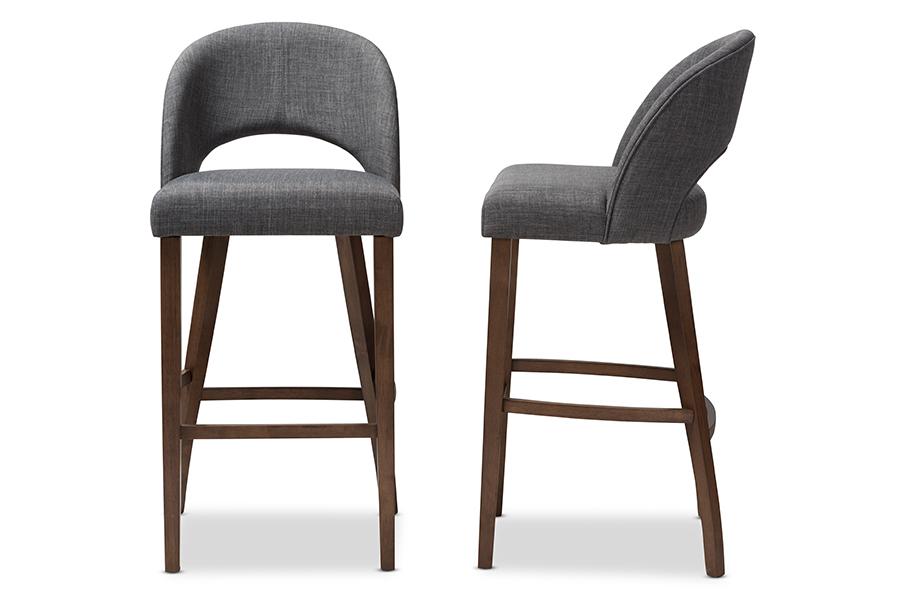 Baxton Studio Melrose Mid-Century Modern Dark Grey Fabric Upholstered Walnut Finished Wood Bar Stool (Set of 2)