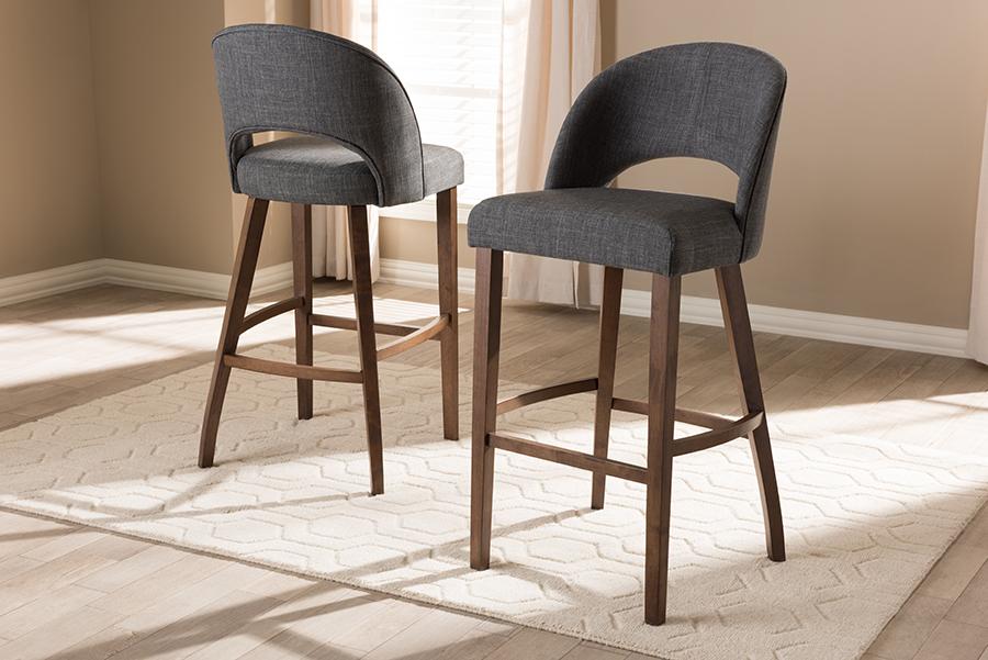 Baxton Studio Melrose Mid-Century Modern Dark Grey Fabric Upholstered Walnut Finished Wood Bar Stool (Set of 2)