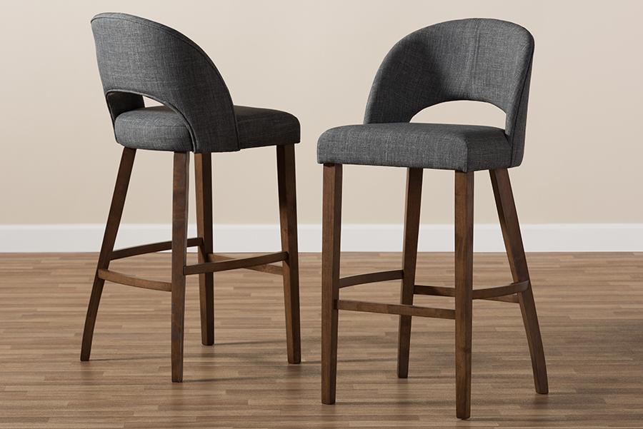 Baxton Studio Melrose Mid-Century Modern Dark Grey Fabric Upholstered Walnut Finished Wood Bar Stool (Set of 2)