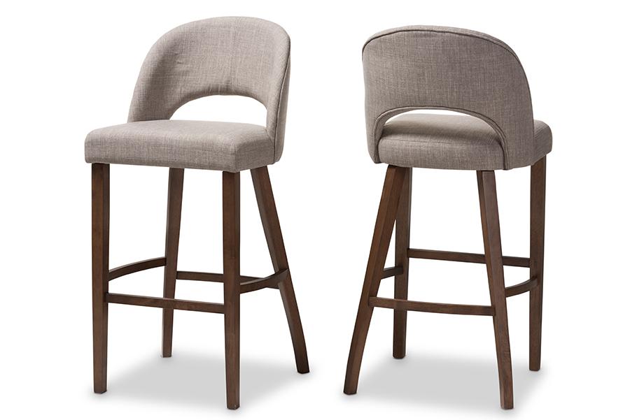 Baxton Studio Melrose Mid-Century Modern Light Grey Fabric Upholstered Walnut Finished Wood Bar Stool (Set of 2)