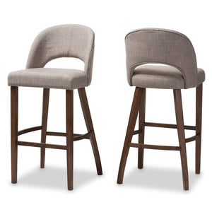 Baxton Studio Melrose Mid-Century Modern Light Grey Fabric Upholstered Walnut Finished Wood Bar Stool (Set of 2)