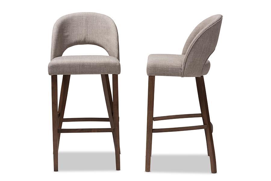 Baxton Studio Melrose Mid-Century Modern Light Grey Fabric Upholstered Walnut Finished Wood Bar Stool (Set of 2)