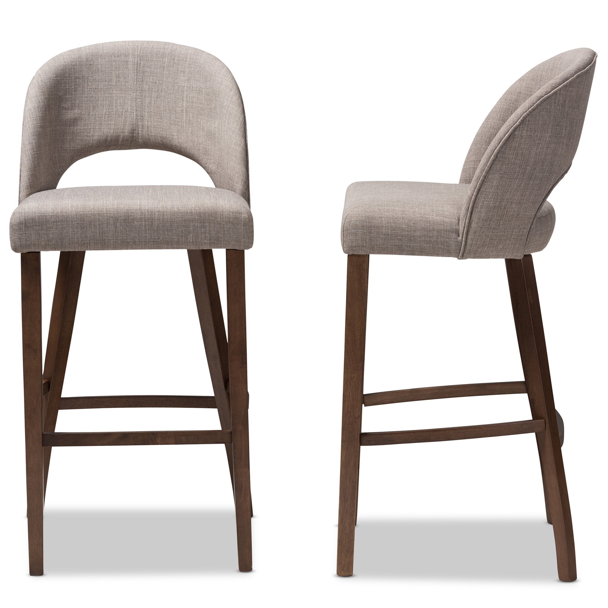 Baxton Studio Melrose Mid-Century Modern Light Grey Fabric Upholstered Walnut Finished Wood Bar Stool (Set of 2)