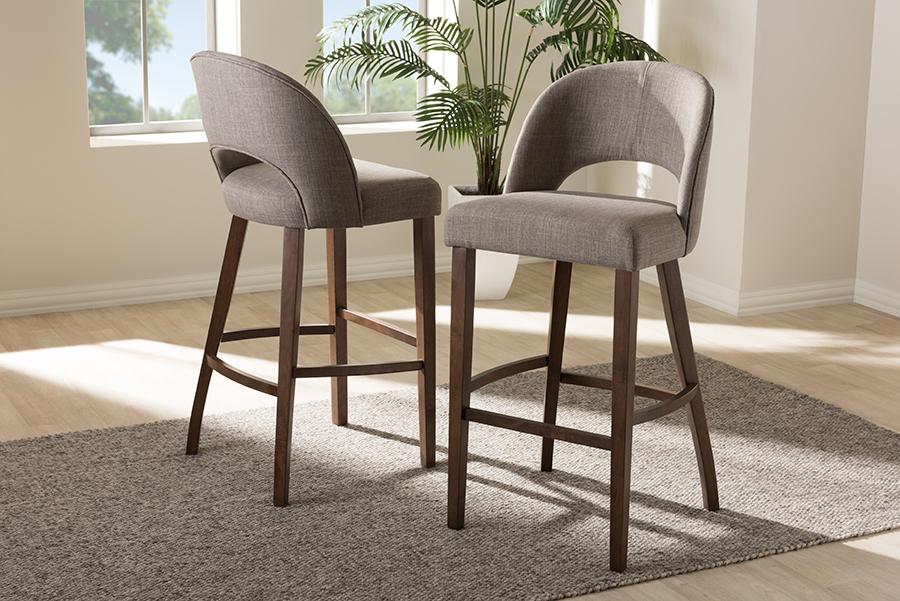 Baxton Studio Melrose Mid-Century Modern Light Grey Fabric Upholstered Walnut Finished Wood Bar Stool (Set of 2)