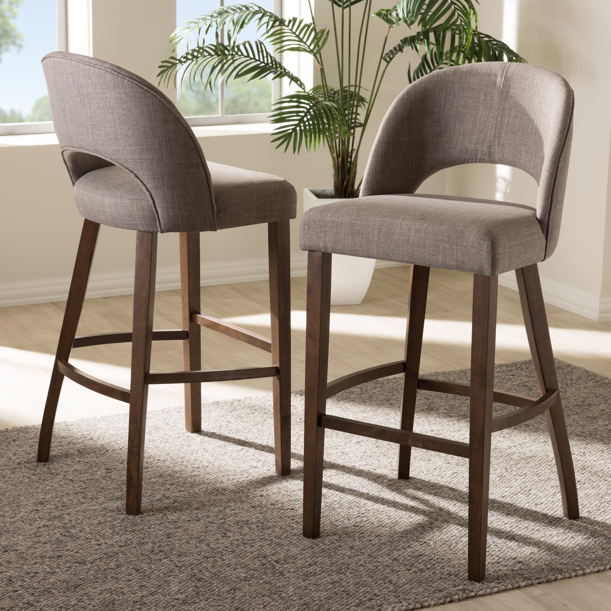 Baxton Studio Melrose Mid-Century Modern Light Grey Fabric Upholstered Walnut Finished Wood Bar Stool (Set of 2)