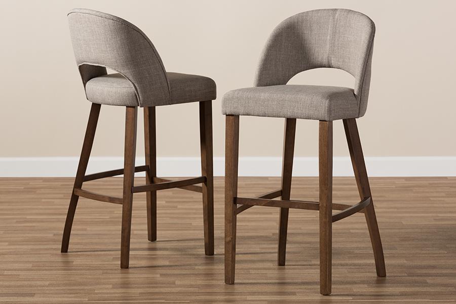 Baxton Studio Melrose Mid-Century Modern Light Grey Fabric Upholstered Walnut Finished Wood Bar Stool (Set of 2)