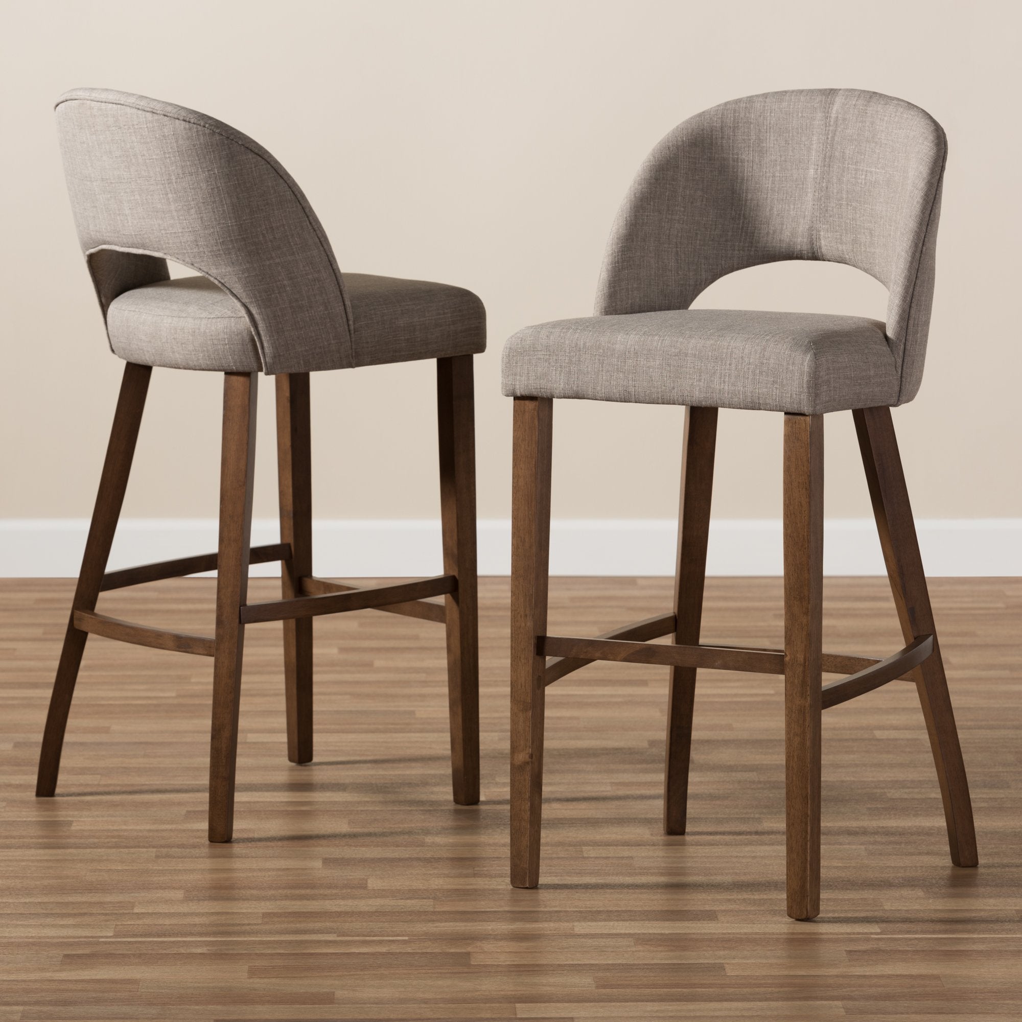 Baxton Studio Melrose Mid-Century Modern Light Grey Fabric Upholstered Walnut Finished Wood Bar Stool (Set of 2)