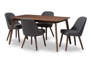 Baxton Studio Cody Mid-Century Modern Dark Grey Fabric Upholstered Walnut Finished Wood 5-Piece Dining Set