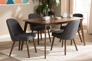 Baxton Studio Cody Mid-Century Modern Dark Grey Fabric Upholstered Walnut Finished Wood 5-Piece Dining Set