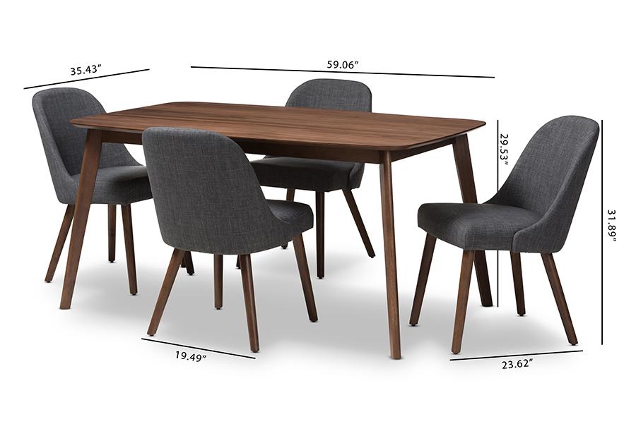 Baxton Studio Cody Mid-Century Modern Dark Grey Fabric Upholstered Walnut Finished Wood 5-Piece Dining Set