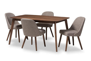 Baxton Studio Cody Mid-Century Modern Light Grey Fabric Upholstered Walnut Finished Wood 5-Piece Dining Set