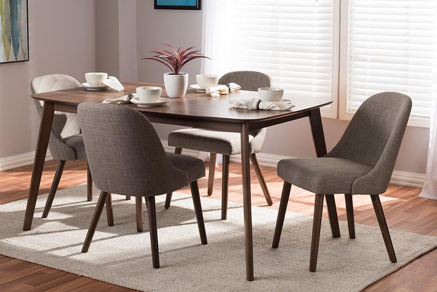 Baxton Studio Cody Mid-Century Modern Light Grey Fabric Upholstered Walnut Finished Wood 5-Piece Dining Set