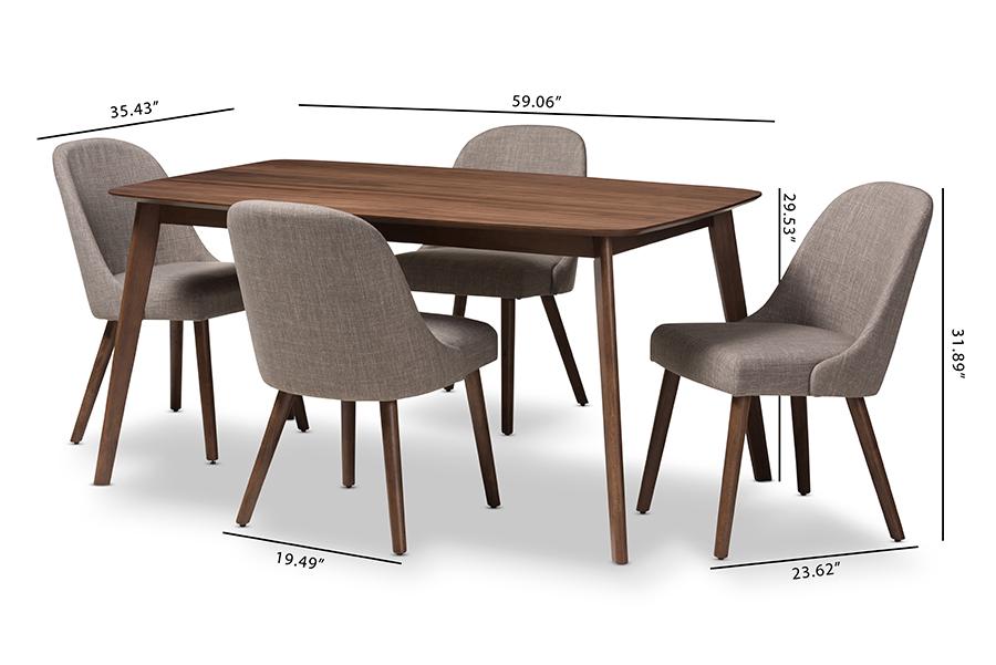 Baxton Studio Cody Mid-Century Modern Light Grey Fabric Upholstered Walnut Finished Wood 5-Piece Dining Set