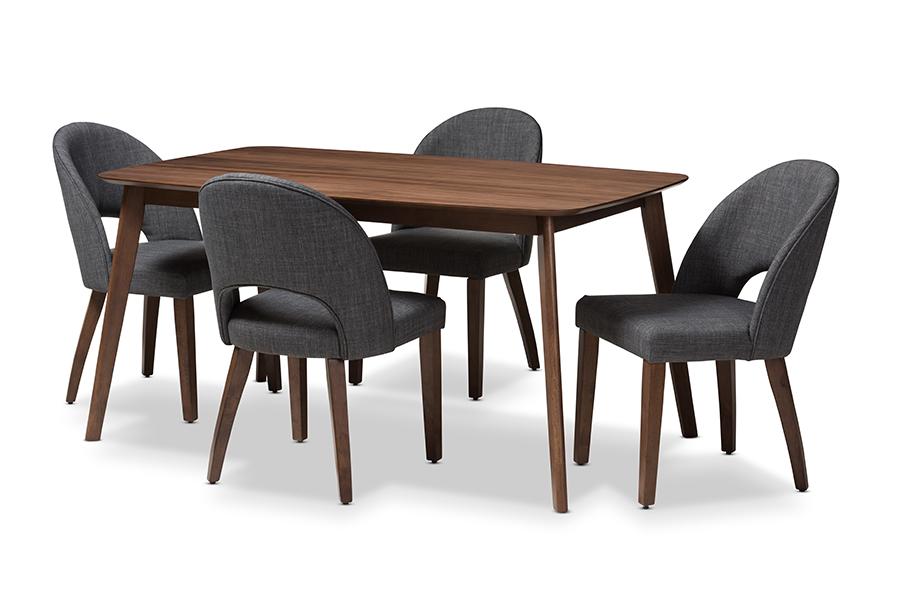 Baxton Studio Wesley Mid-Century Modern Dark Grey Fabric Upholstered Walnut Finished Wood 5-Piece Dining Set