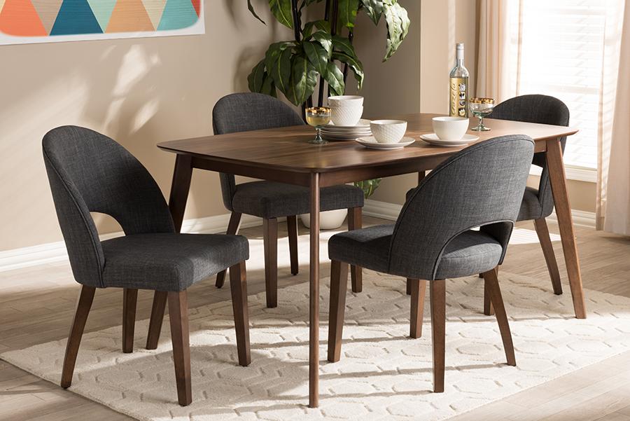 Baxton Studio Wesley Mid-Century Modern Dark Grey Fabric Upholstered Walnut Finished Wood 5-Piece Dining Set