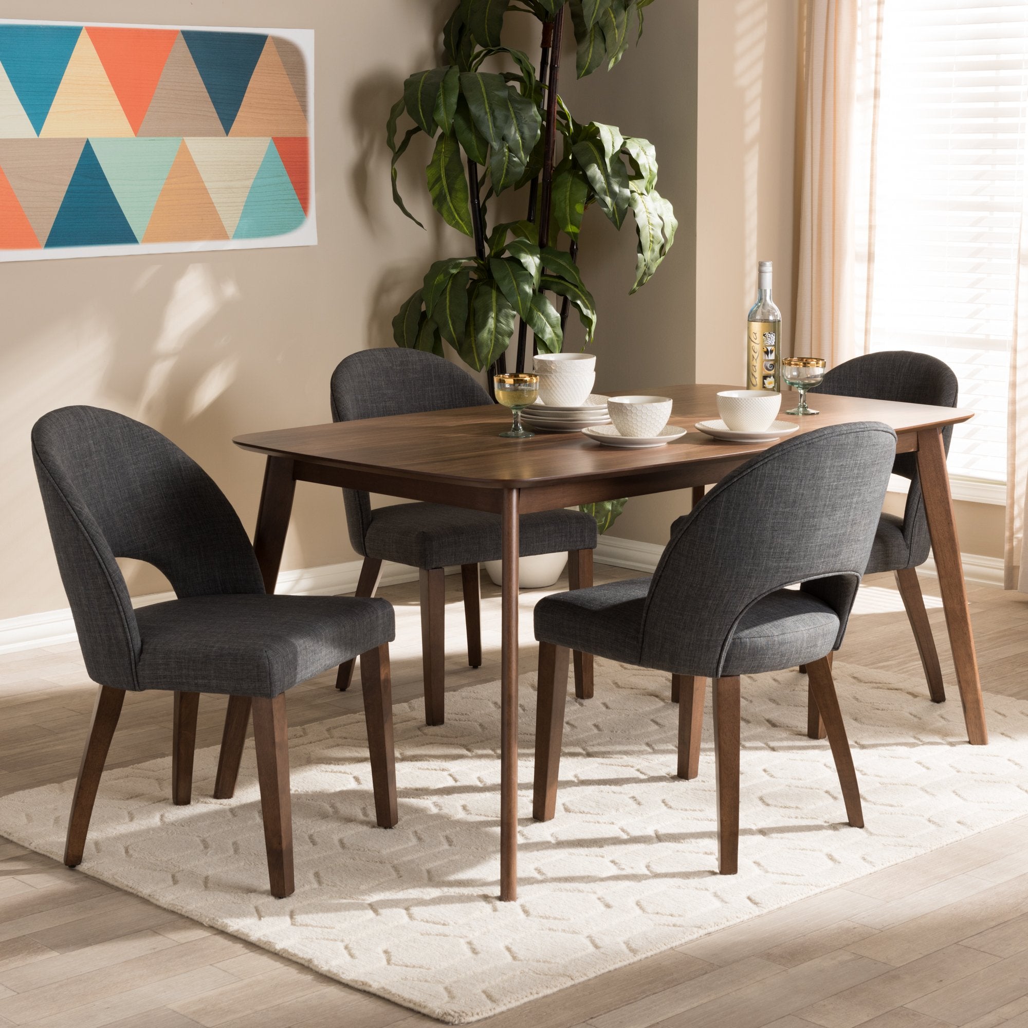 Baxton Studio Wesley Mid-Century Modern Dark Grey Fabric Upholstered Walnut Finished Wood 5-Piece Dining Set