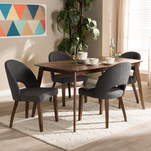 Baxton Studio Wesley Mid-Century Modern Dark Grey Fabric Upholstered Walnut Finished Wood 5-Piece Dining Set