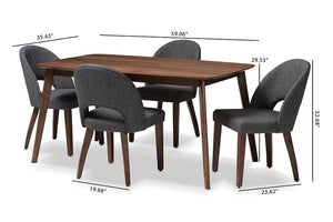 Baxton Studio Wesley Mid-Century Modern Dark Grey Fabric Upholstered Walnut Finished Wood 5-Piece Dining Set