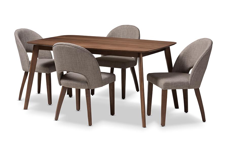 Baxton Studio Wesley Mid-Century Modern Light Grey Fabric Upholstered Walnut Finished Wood 5-Piece Dining Set