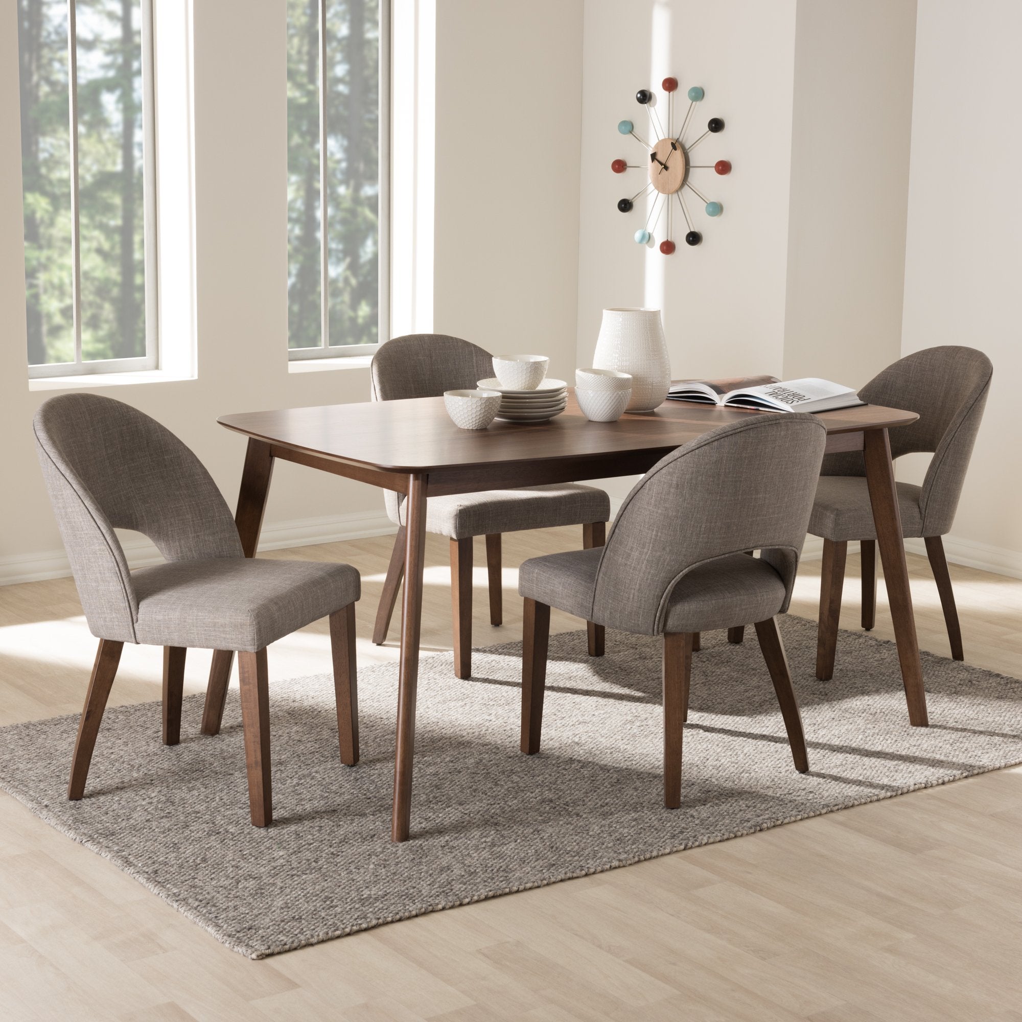 Baxton Studio Wesley Mid-Century Modern Light Grey Fabric Upholstered Walnut Finished Wood 5-Piece Dining Set