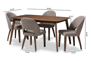 Baxton Studio Wesley Mid-Century Modern Light Grey Fabric Upholstered Walnut Finished Wood 5-Piece Dining Set