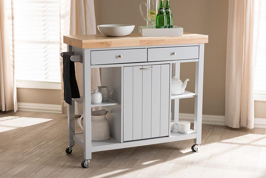 Baxton Studio Hayward Coastal and Farmhouse Light Grey Wood Kitchen Cart