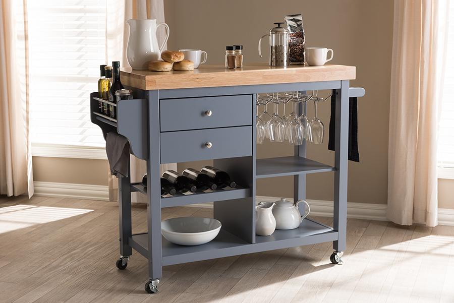 Baxton Studio Sunderland Coastal and Farmhouse Grey Wood Kitchen Cart