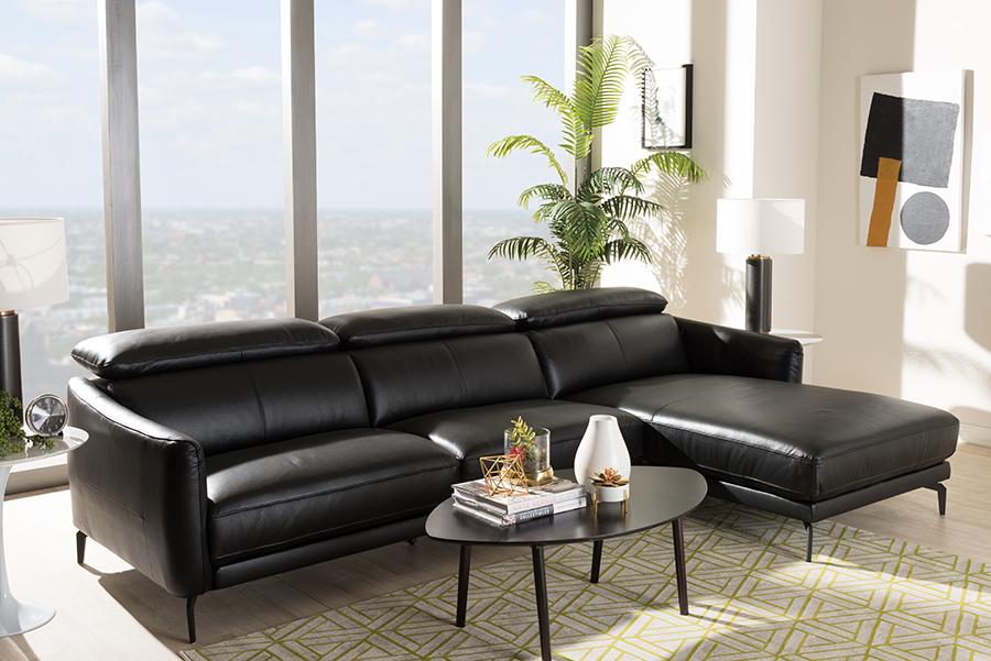 Baxton Studio Paige Modern and Contemporary Black Leather Right Facing Chaise 2-Piece Sectional Sofa