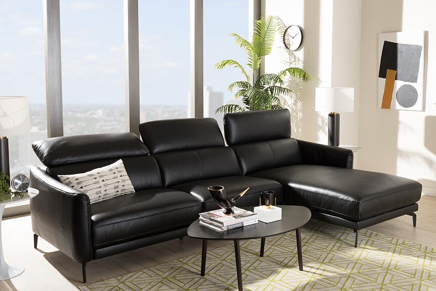 Baxton Studio Paige Modern and Contemporary Black Leather Right Facing Chaise 2-Piece Sectional Sofa