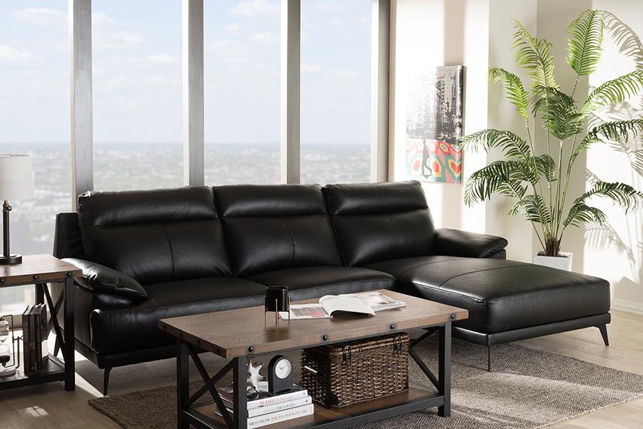 Baxton Studio Rabbie Modern and Contemporary Black Leather Right Facing Chaise 2-Piece Sectional Sofa