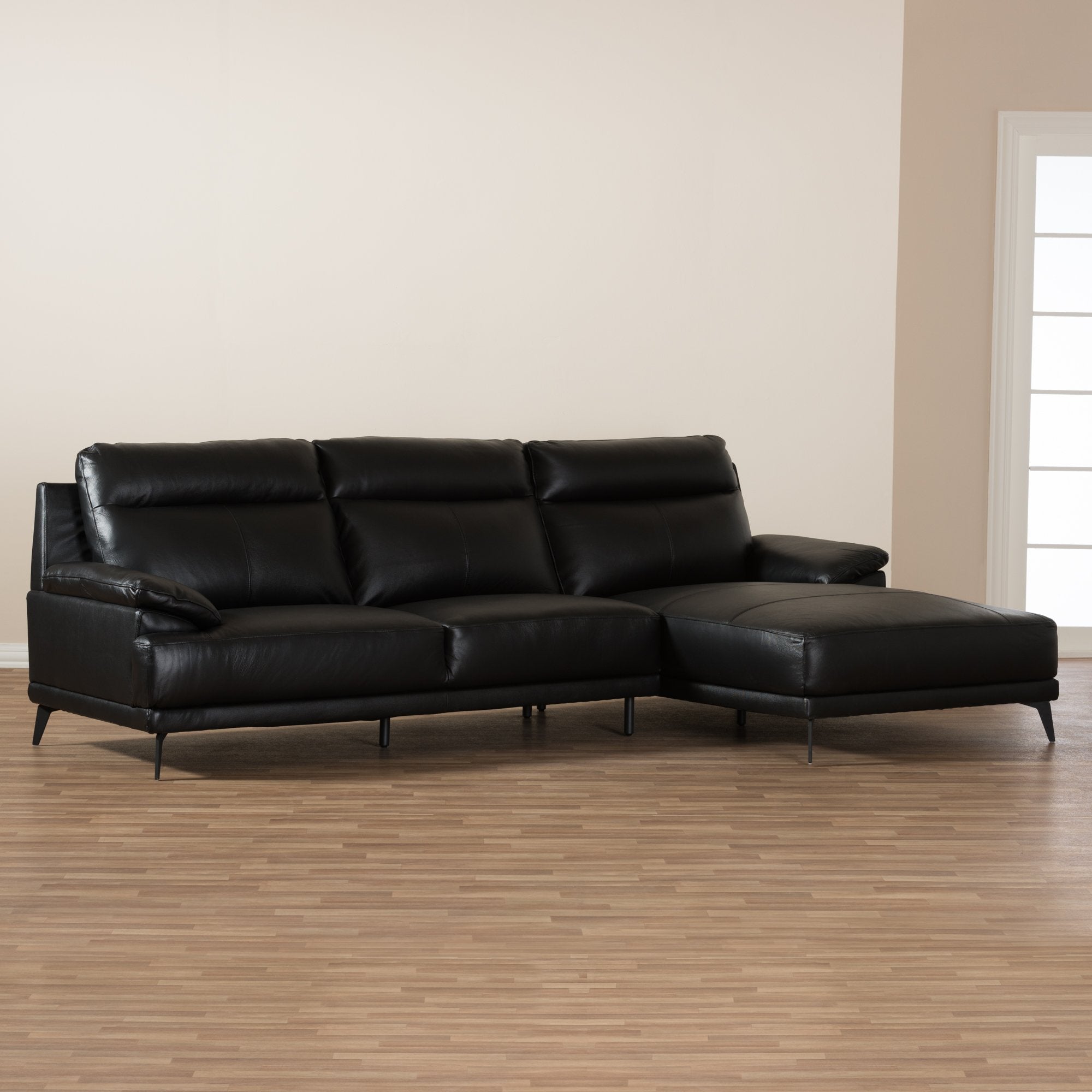 Baxton Studio Rabbie Modern and Contemporary Black Leather Right Facing Chaise 2-Piece Sectional Sofa