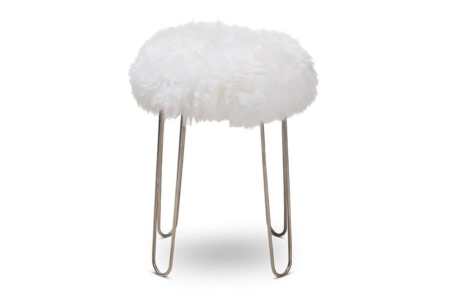 Baxton Studio Alura Modern Glam White Genuine Sheep Skin Ottoman