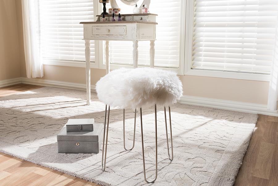 Baxton Studio Alura Modern Glam White Genuine Sheep Skin Ottoman