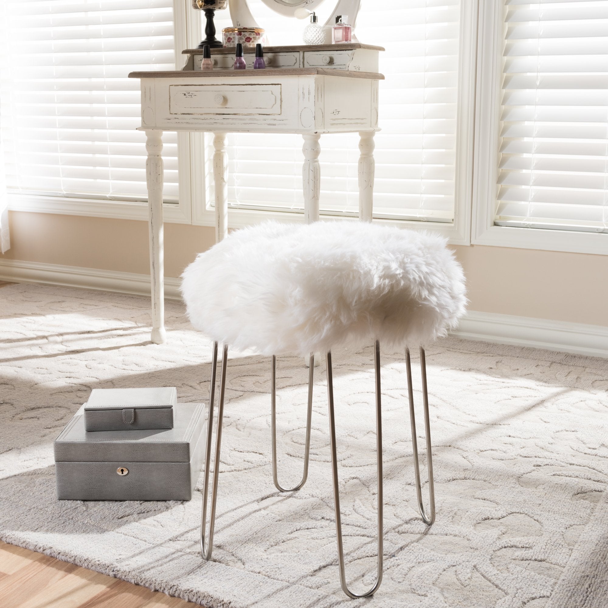 Baxton Studio Alura Modern Glam White Genuine Sheep Skin Ottoman