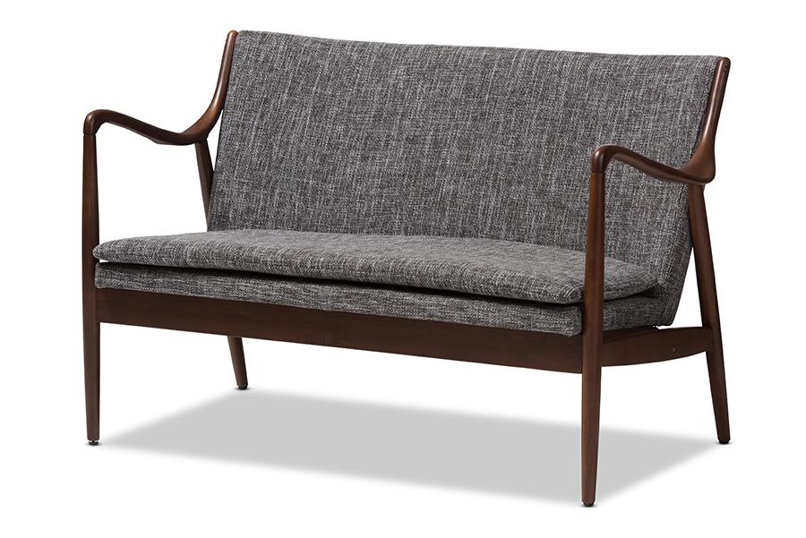 Baxton Studio Shakespeare Mid-Century Modern Walnut Wood Grey Fabric Upholstered 2-seater Loveseat