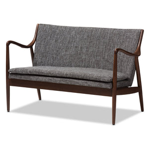 Baxton Studio Shakespeare Mid-Century Modern Walnut Wood Grey Fabric Upholstered 2-seater Loveseat