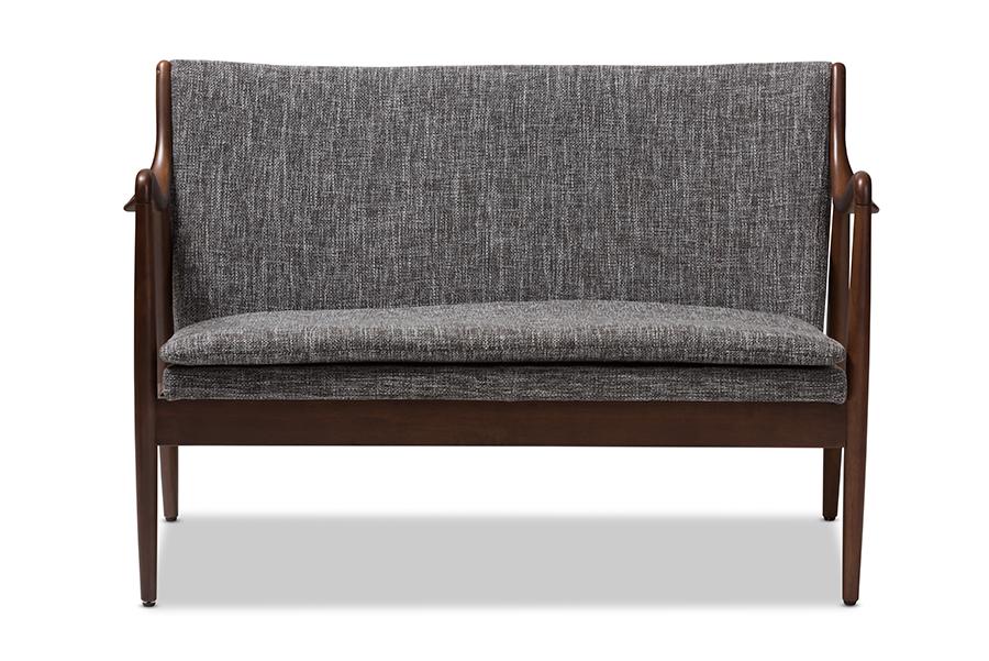 Baxton Studio Shakespeare Mid-Century Modern Walnut Wood Grey Fabric Upholstered 2-seater Loveseat