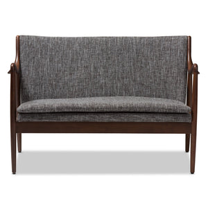 Baxton Studio Shakespeare Mid-Century Modern Walnut Wood Grey Fabric Upholstered 2-seater Loveseat